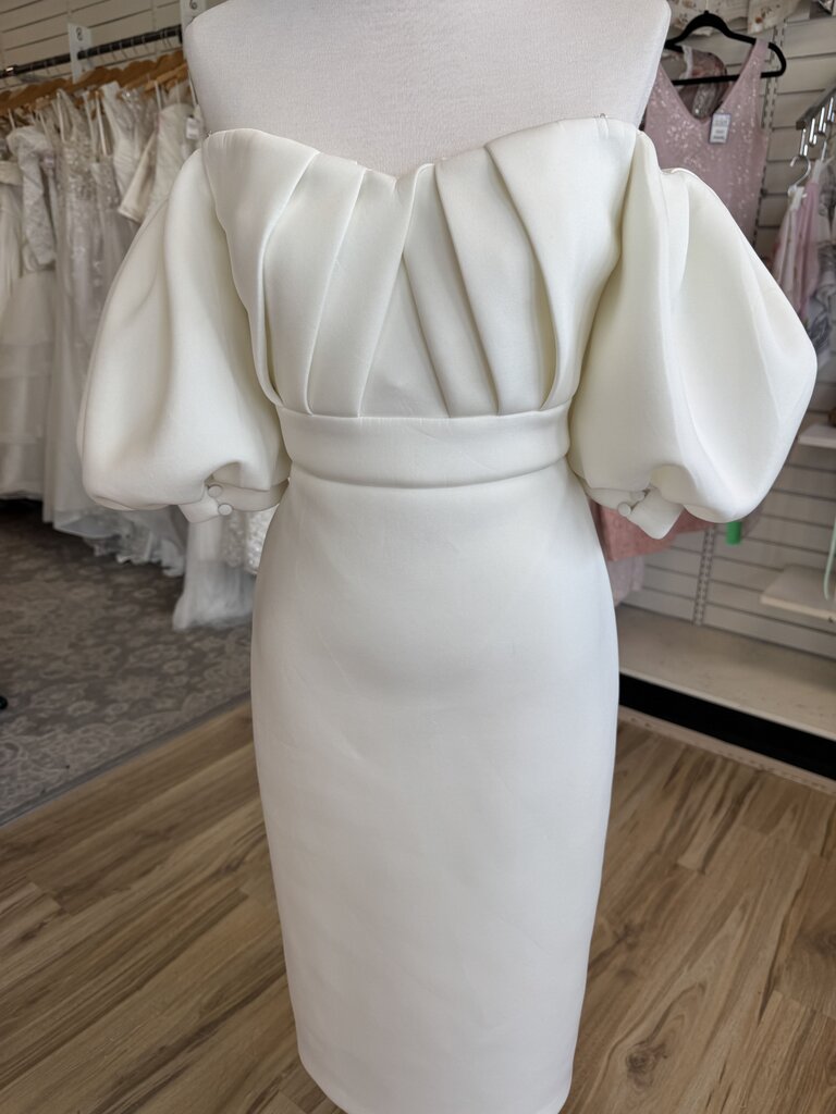Badgley Mischka Ivory Short Puff Sleeve Midi Formal Dress 6