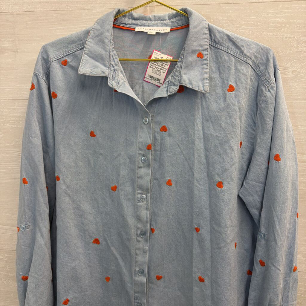 Jane and Delancey Blue/ Orange Embroidered Heart Long Sleeve Button Down Top Large