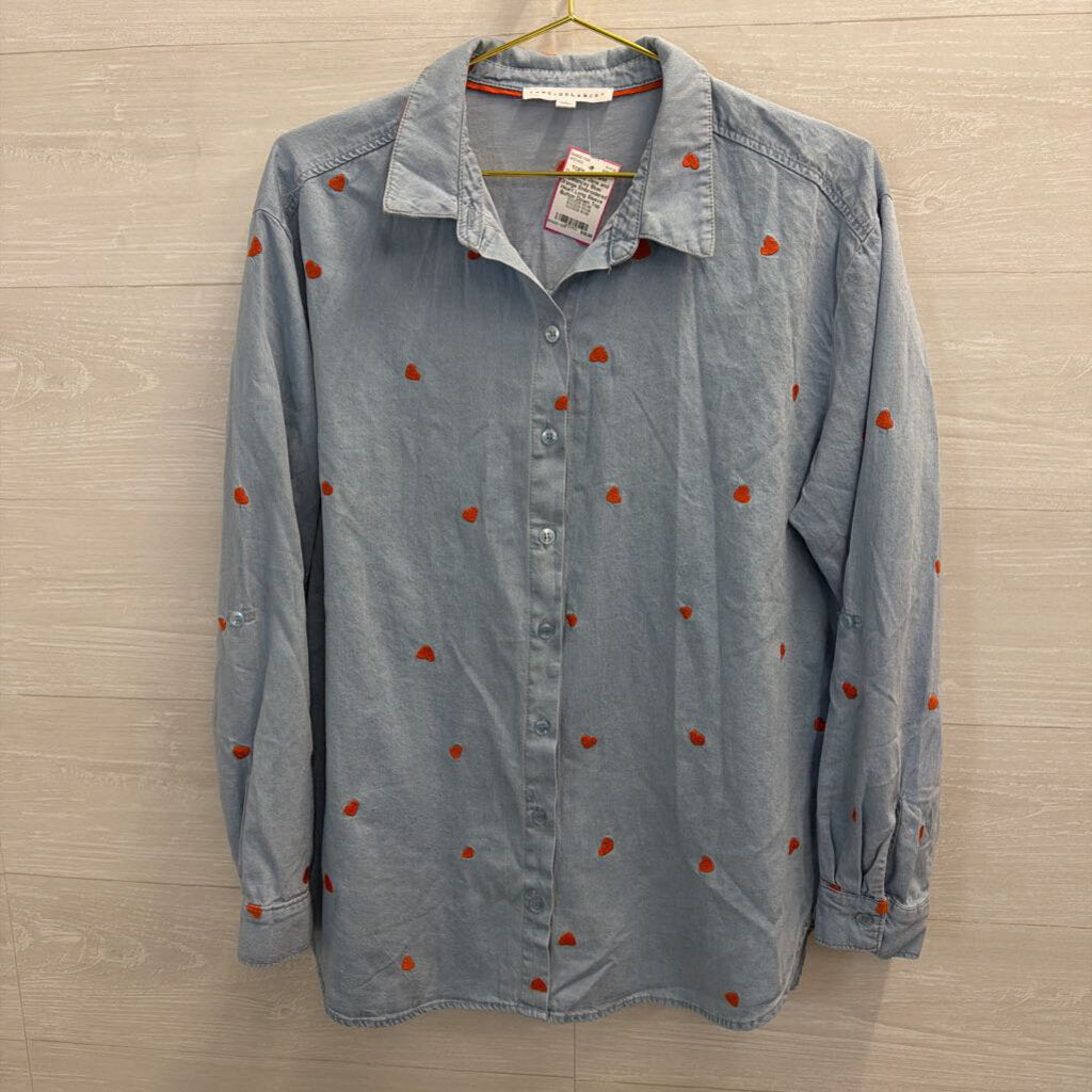 Jane and Delancey Blue/ Orange Embroidered Heart Long Sleeve Button Down Top Large