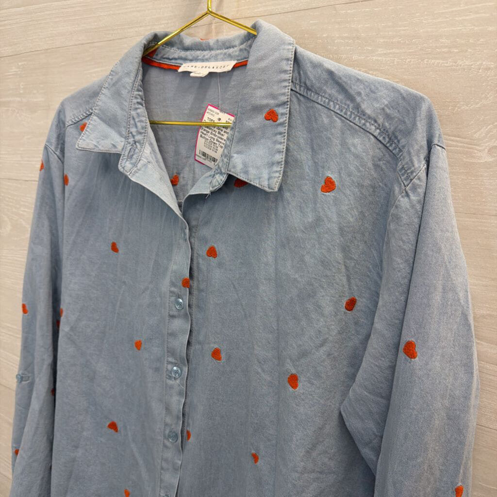 Jane and Delancey Blue/ Orange Embroidered Heart Long Sleeve Button Down Top Large