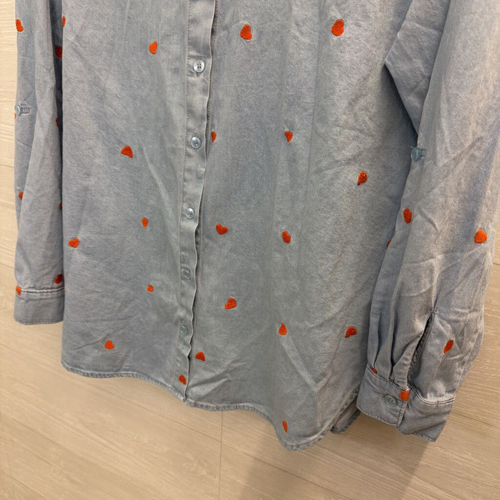 Jane and Delancey Blue/ Orange Embroidered Heart Long Sleeve Button Down Top Large