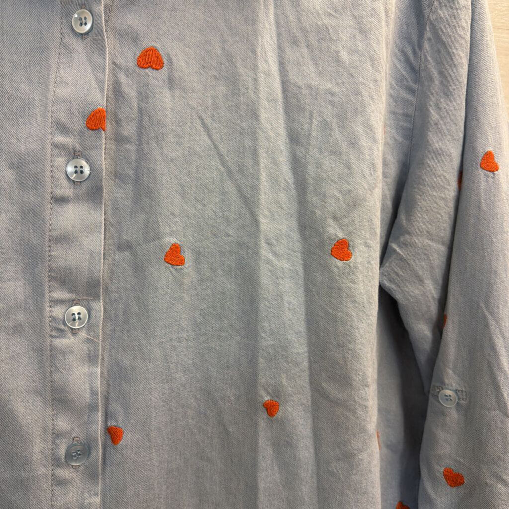 Jane and Delancey Blue/ Orange Embroidered Heart Long Sleeve Button Down Top Large