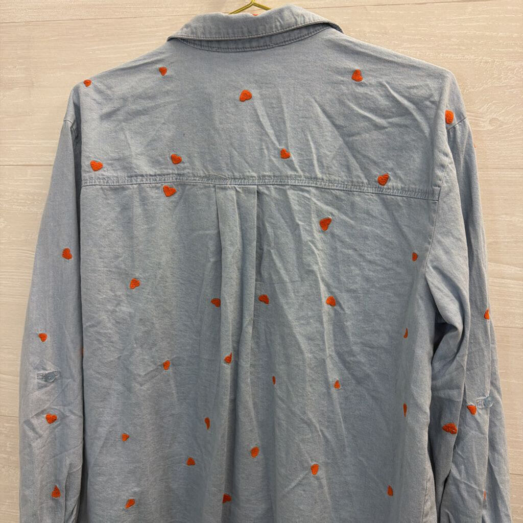 Jane and Delancey Blue/ Orange Embroidered Heart Long Sleeve Button Down Top Large