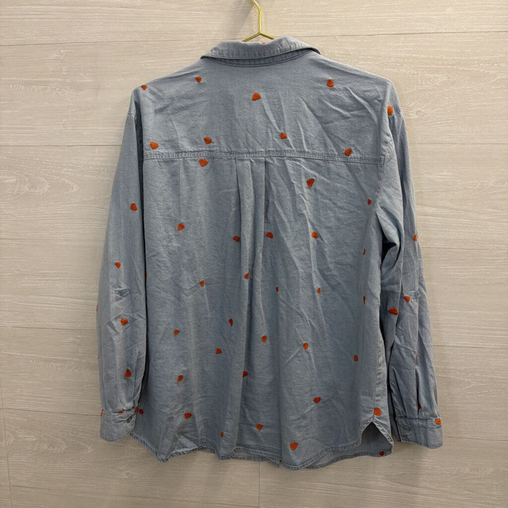 Jane and Delancey Blue/ Orange Embroidered Heart Long Sleeve Button Down Top Large