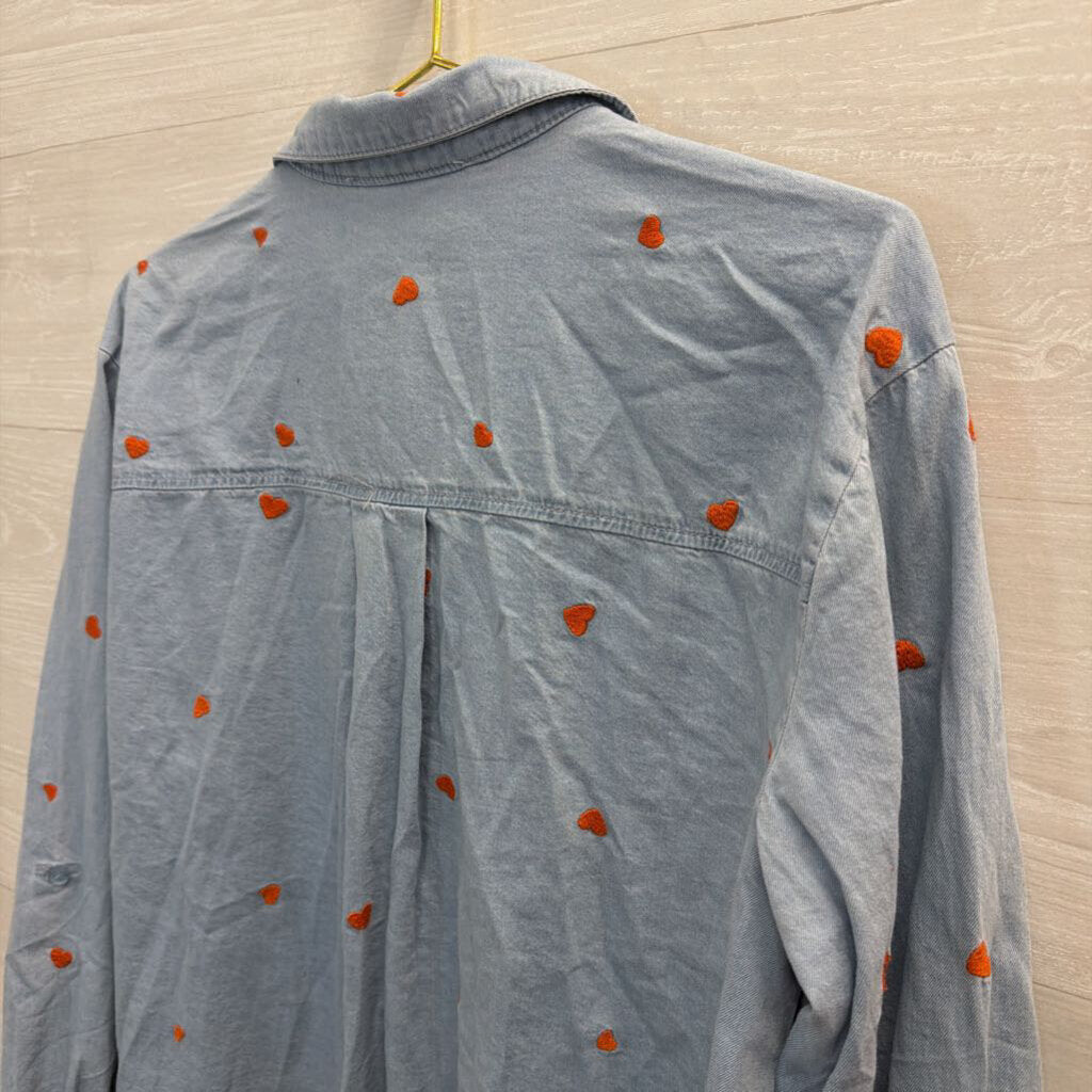 Jane and Delancey Blue/ Orange Embroidered Heart Long Sleeve Button Down Top Large