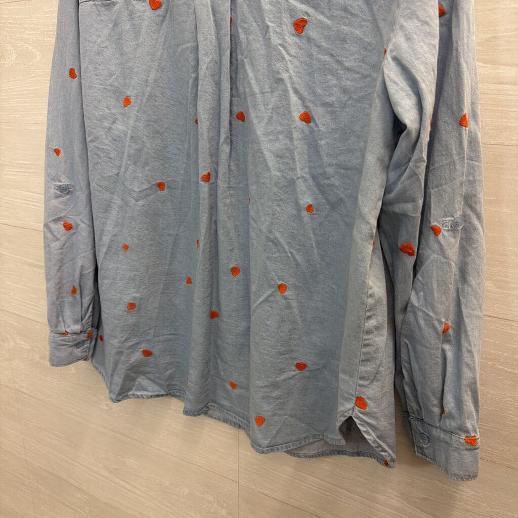 Jane and Delancey Blue/ Orange Embroidered Heart Long Sleeve Button Down Top Large
