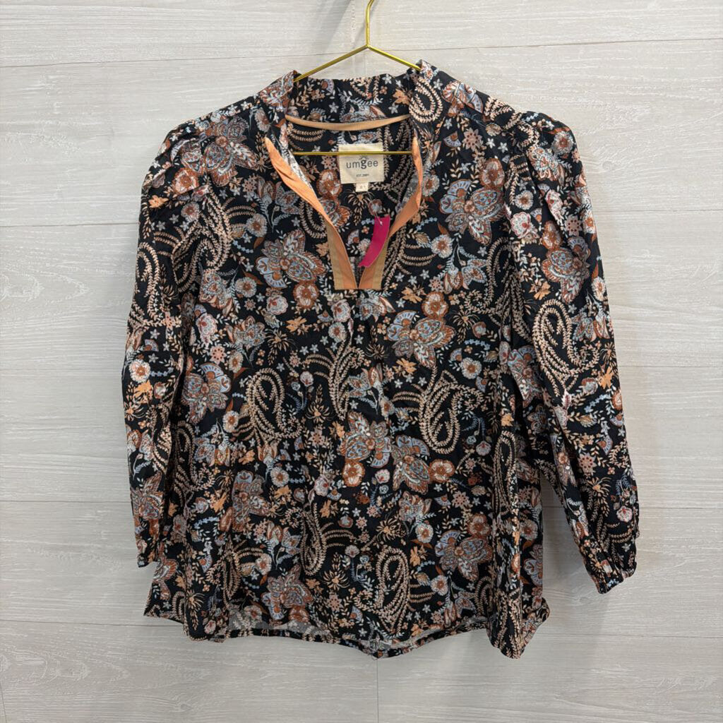 Umgee Black/ Brown Print Long Sleeve Top Large