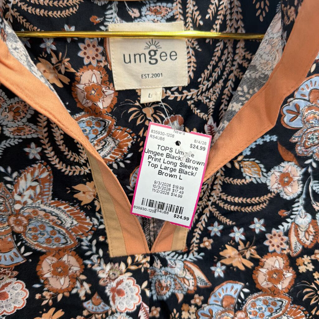 Umgee Black/ Brown Print Long Sleeve Top Large