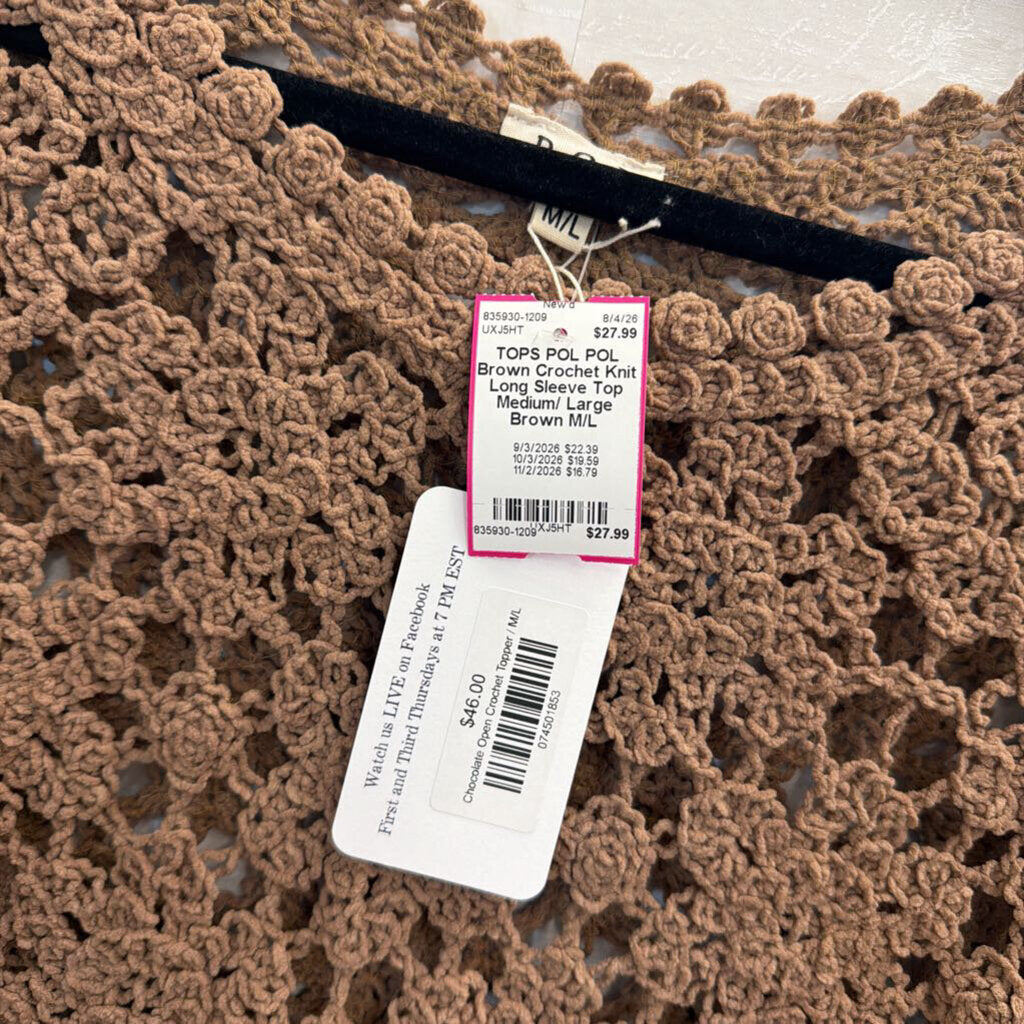 POL Brown Crochet Knit Long Sleeve Top Medium/ Large