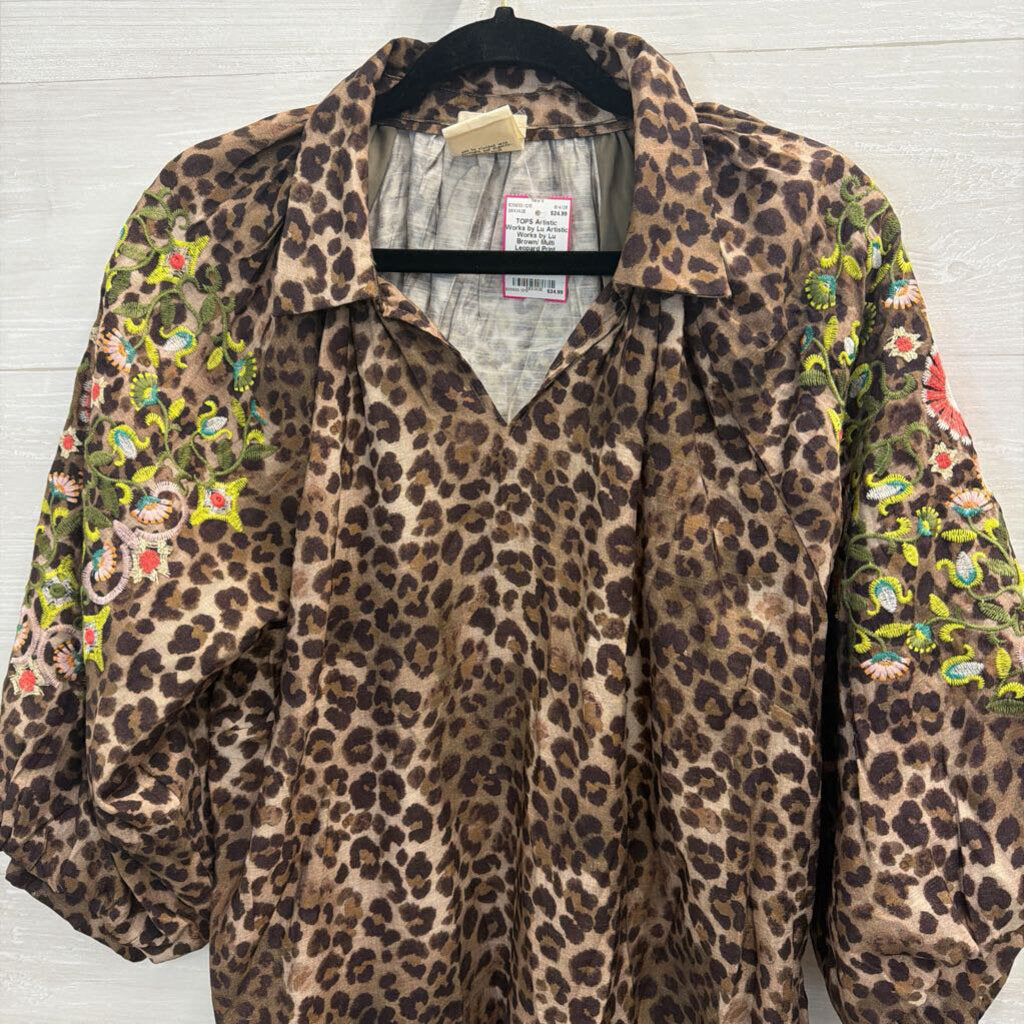 Artistic Works by Lu Brown/ Multi Leopard Print Embroidered Long Sleeve Top Medium