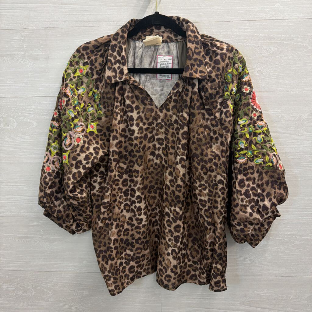 Artistic Works by Lu Brown/ Multi Leopard Print Embroidered Long Sleeve Top Medium
