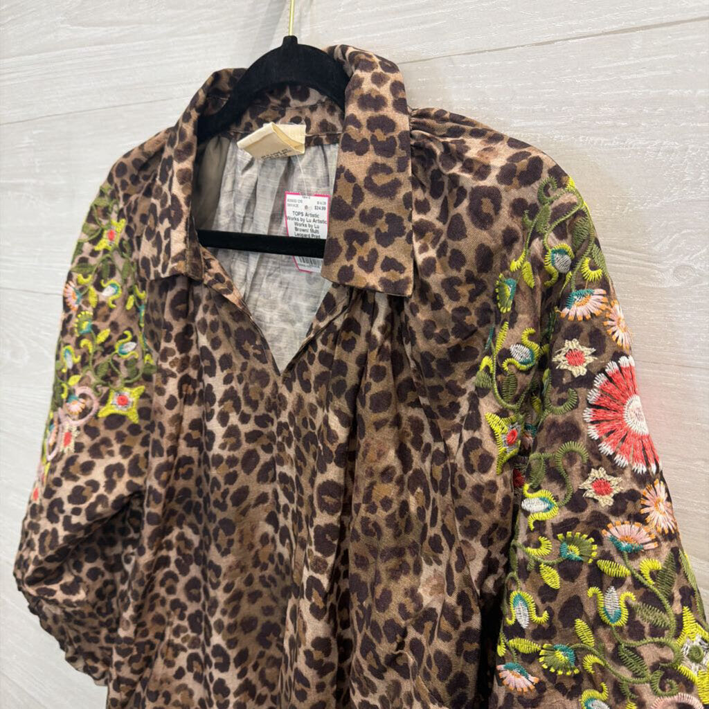 Artistic Works by Lu Brown/ Multi Leopard Print Embroidered Long Sleeve Top Medium