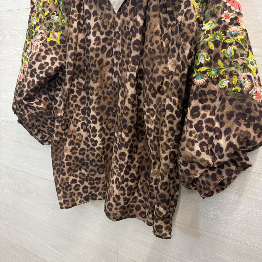 Artistic Works by Lu Brown/ Multi Leopard Print Embroidered Long Sleeve Top Medium
