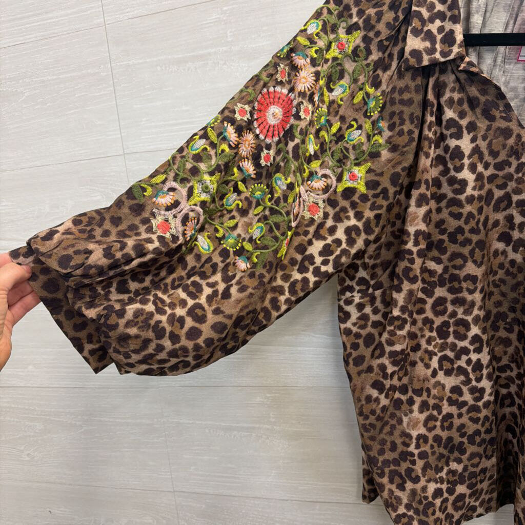 Artistic Works by Lu Brown/ Multi Leopard Print Embroidered Long Sleeve Top Medium