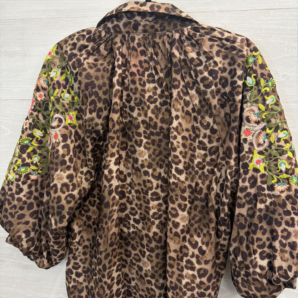 Artistic Works by Lu Brown/ Multi Leopard Print Embroidered Long Sleeve Top Medium