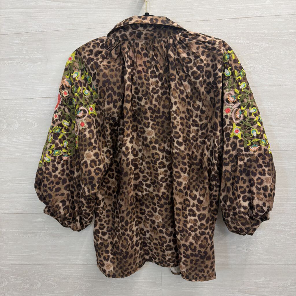 Artistic Works by Lu Brown/ Multi Leopard Print Embroidered Long Sleeve Top Medium