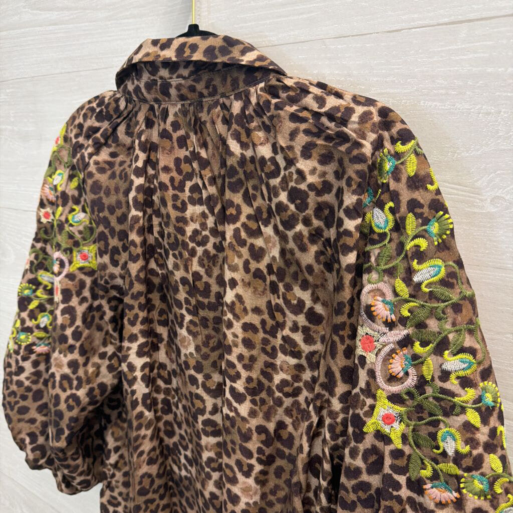 Artistic Works by Lu Brown/ Multi Leopard Print Embroidered Long Sleeve Top Medium