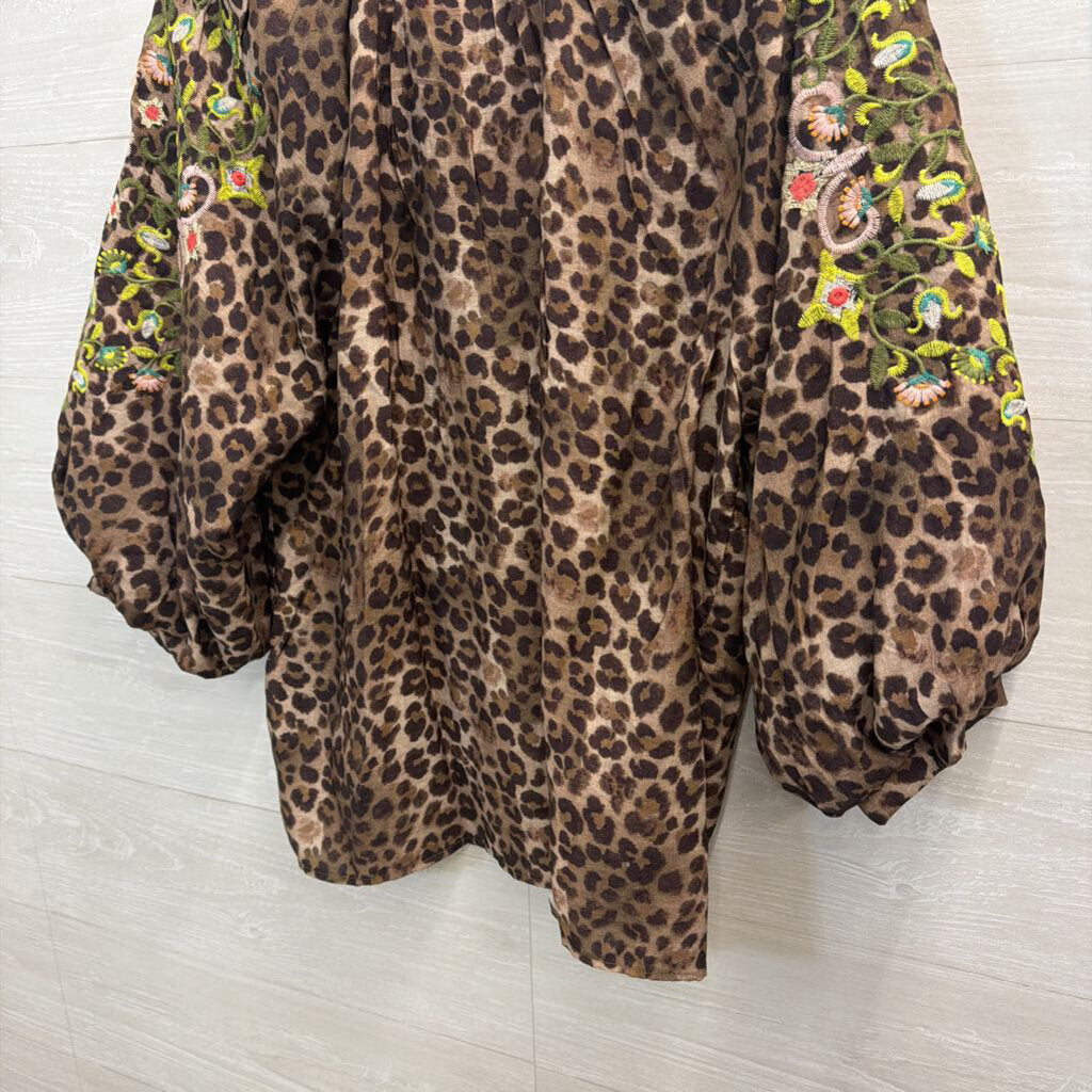 Artistic Works by Lu Brown/ Multi Leopard Print Embroidered Long Sleeve Top Medium