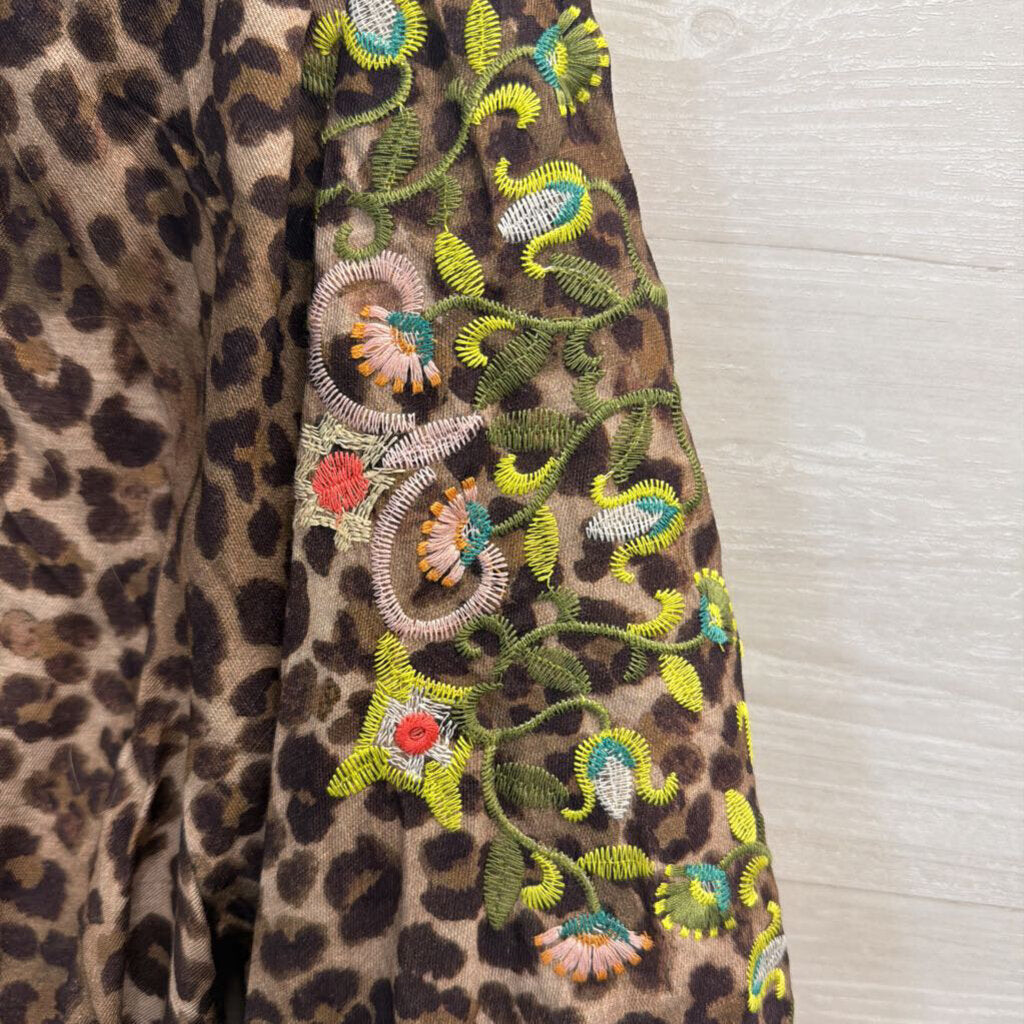 Artistic Works by Lu Brown/ Multi Leopard Print Embroidered Long Sleeve Top Medium