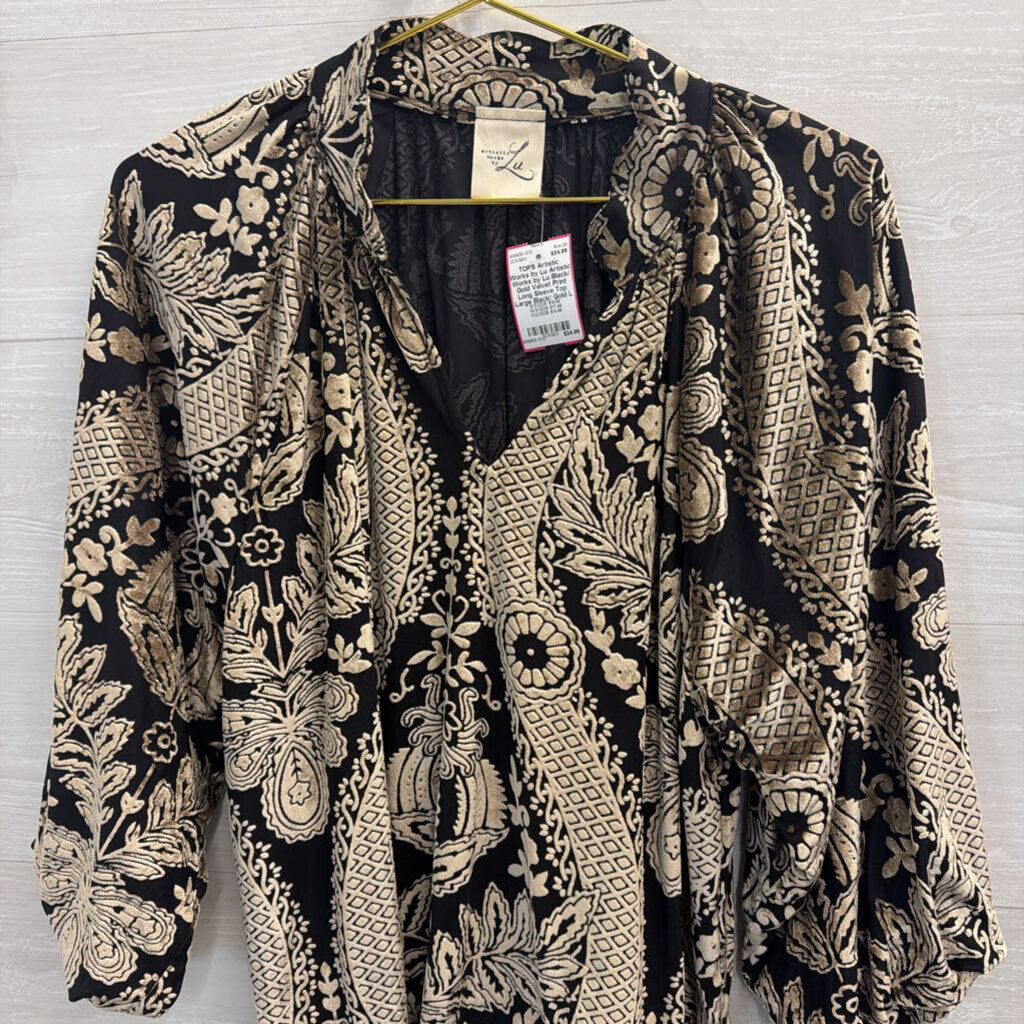 Artistic Works by Lu Black/ Gold Velvet Print Long Sleeve Top Large