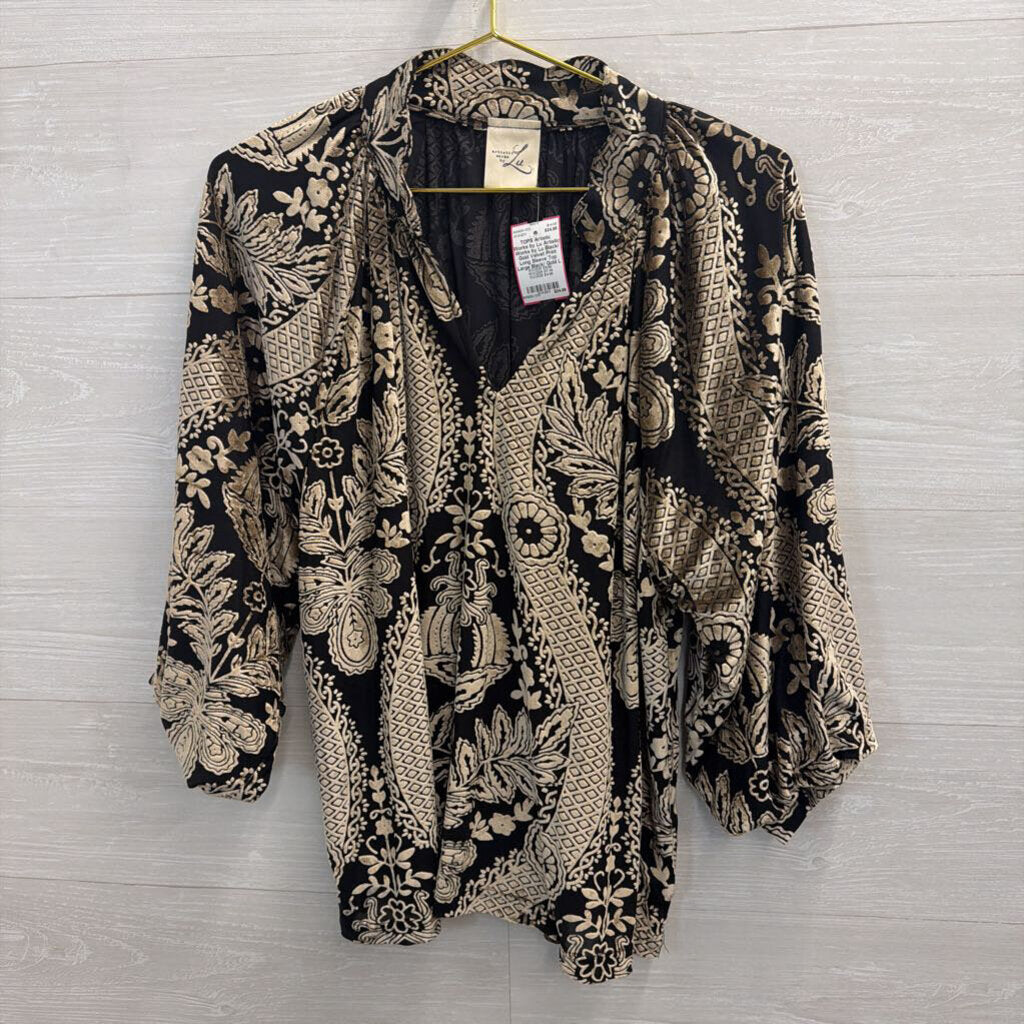 Artistic Works by Lu Black/ Gold Velvet Print Long Sleeve Top Large