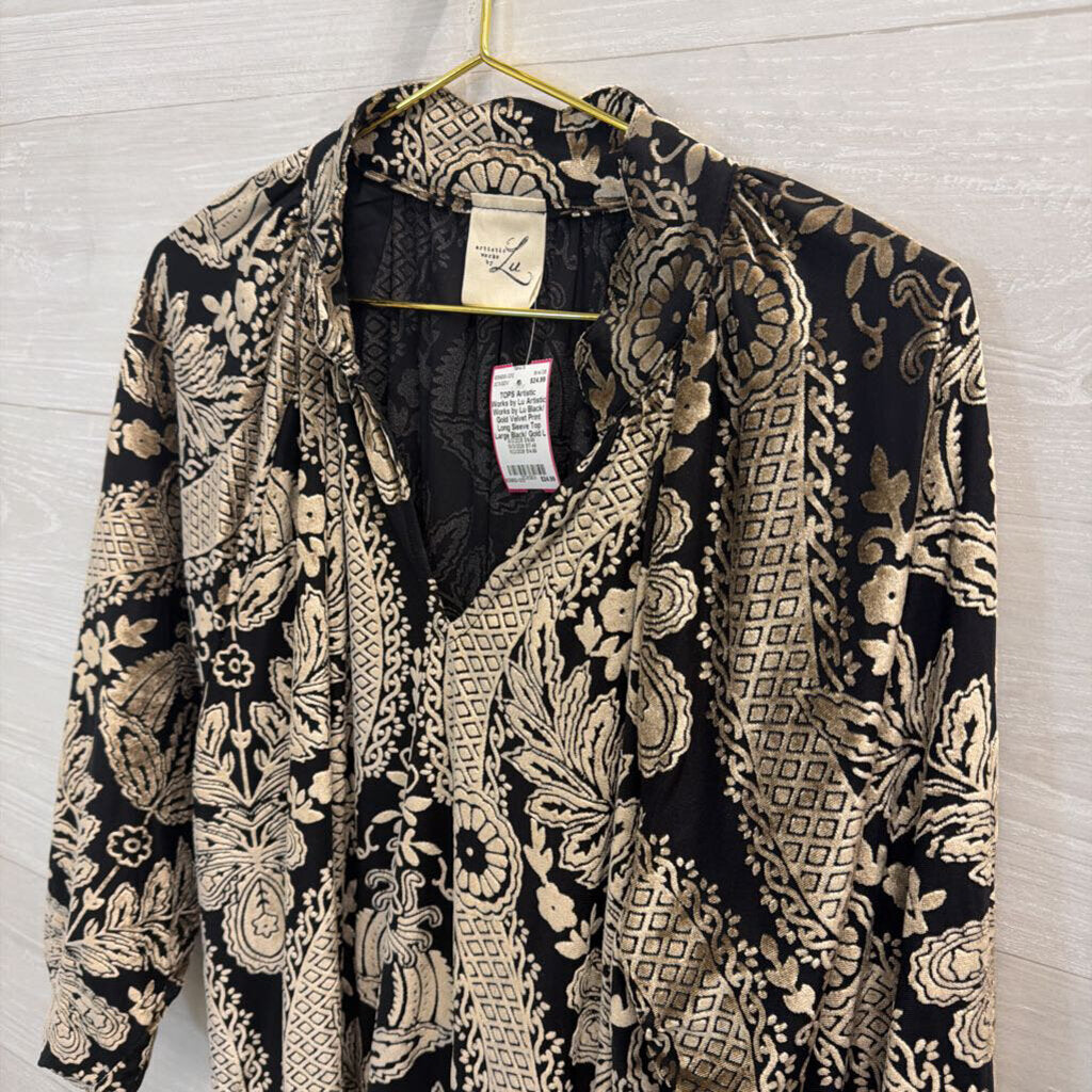 Artistic Works by Lu Black/ Gold Velvet Print Long Sleeve Top Large