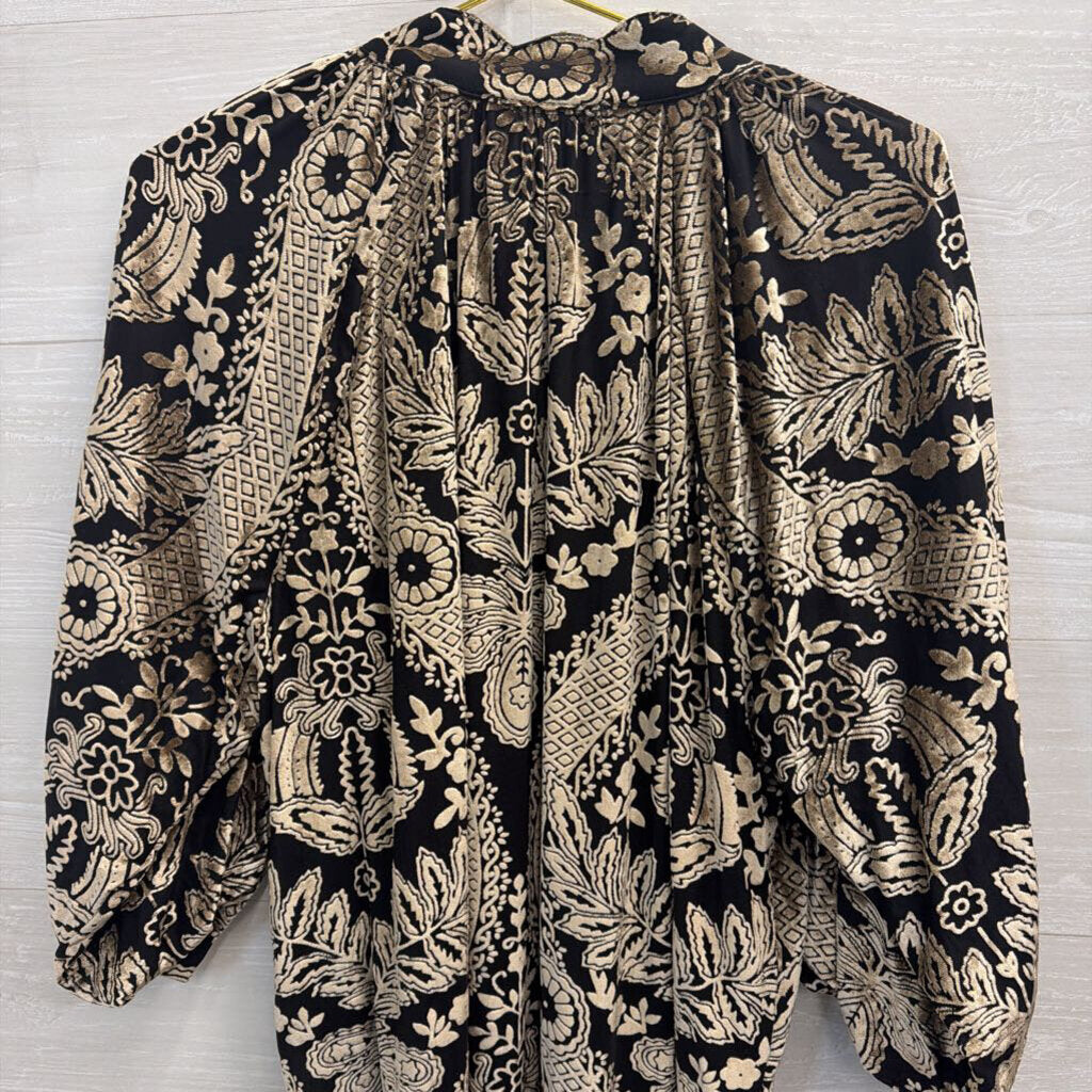 Artistic Works by Lu Black/ Gold Velvet Print Long Sleeve Top Large