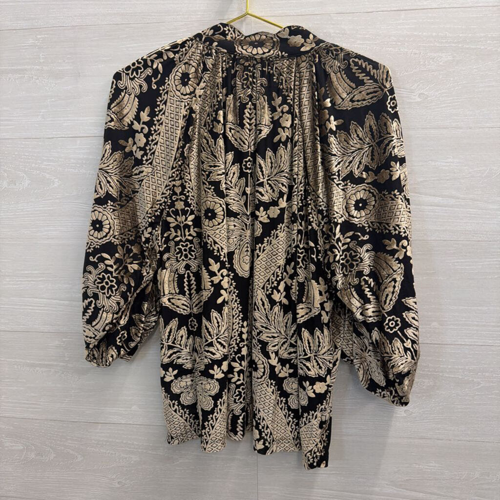 Artistic Works by Lu Black/ Gold Velvet Print Long Sleeve Top Large