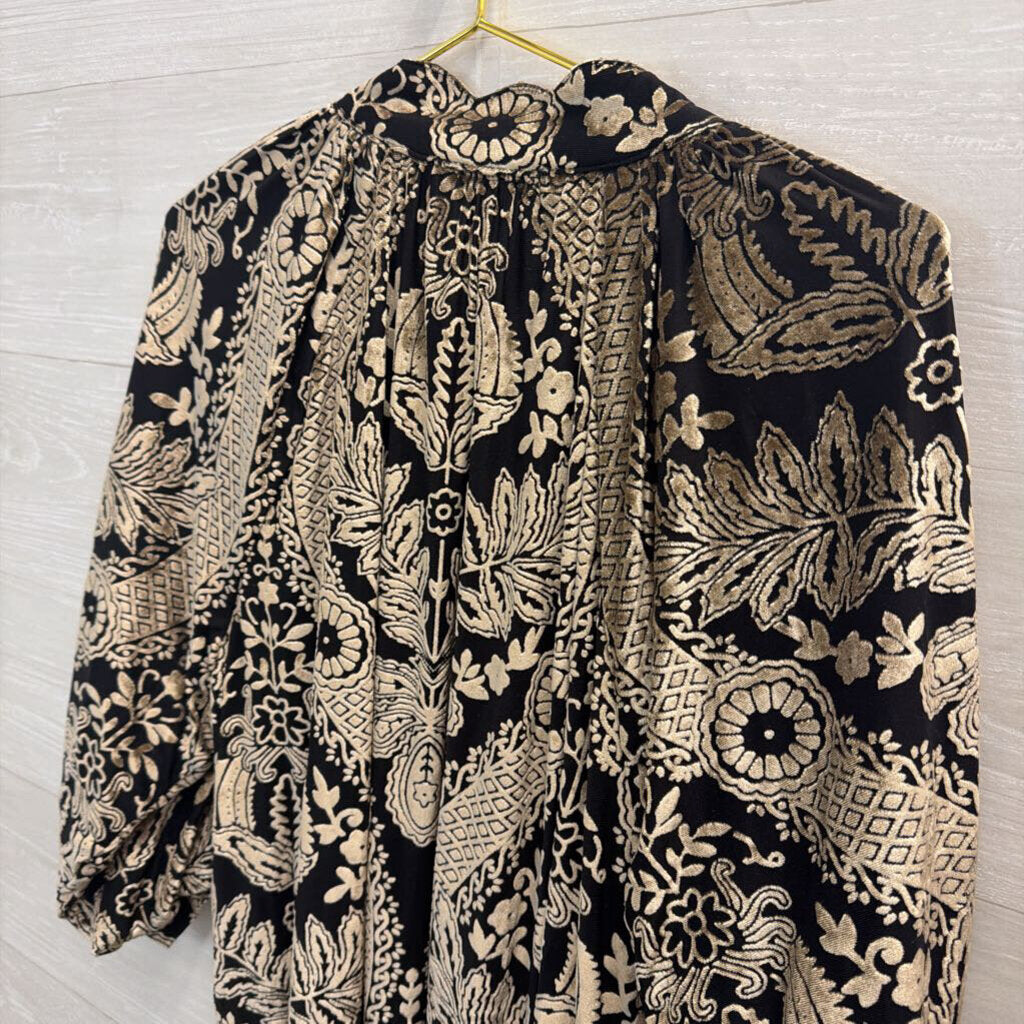 Artistic Works by Lu Black/ Gold Velvet Print Long Sleeve Top Large