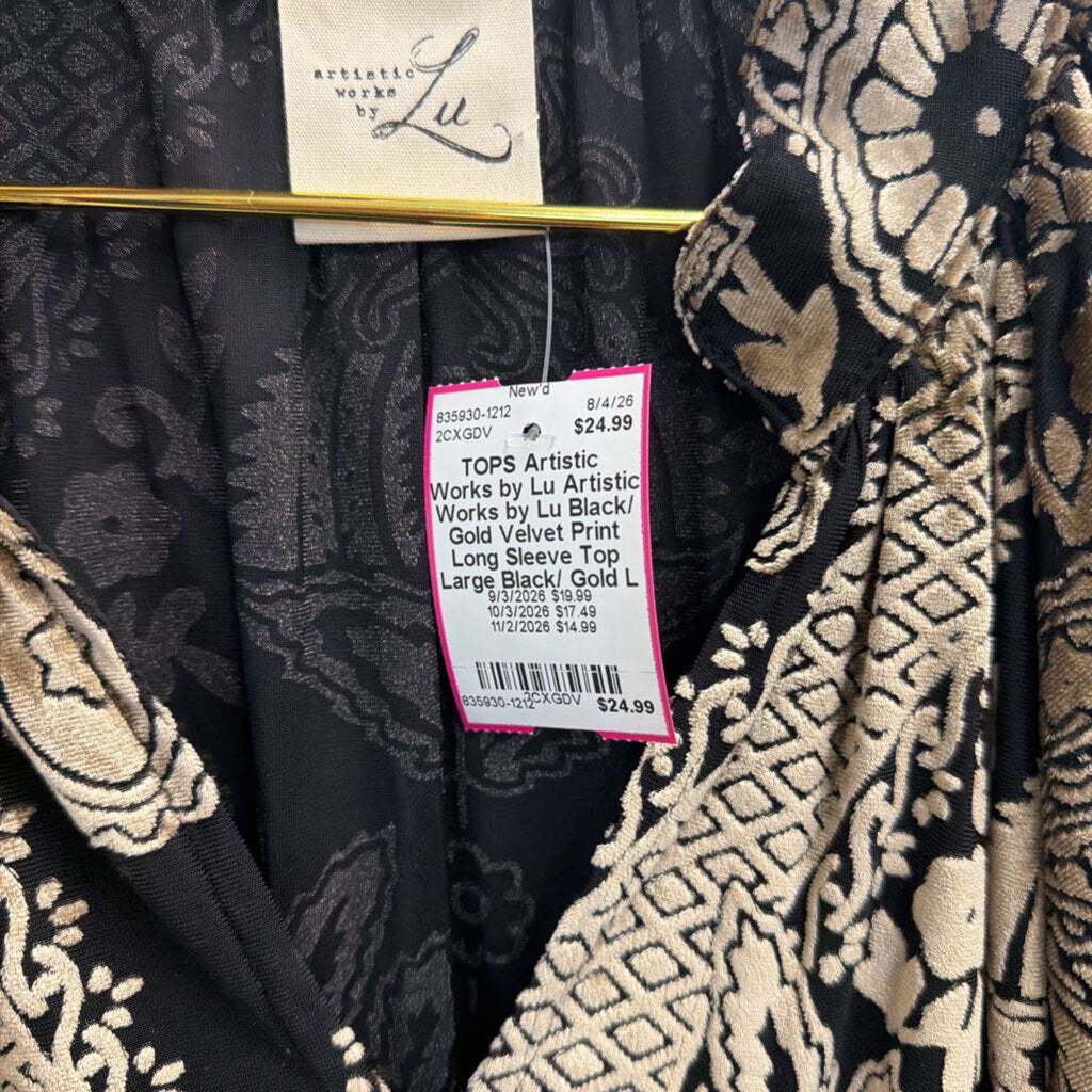 Artistic Works by Lu Black/ Gold Velvet Print Long Sleeve Top Large