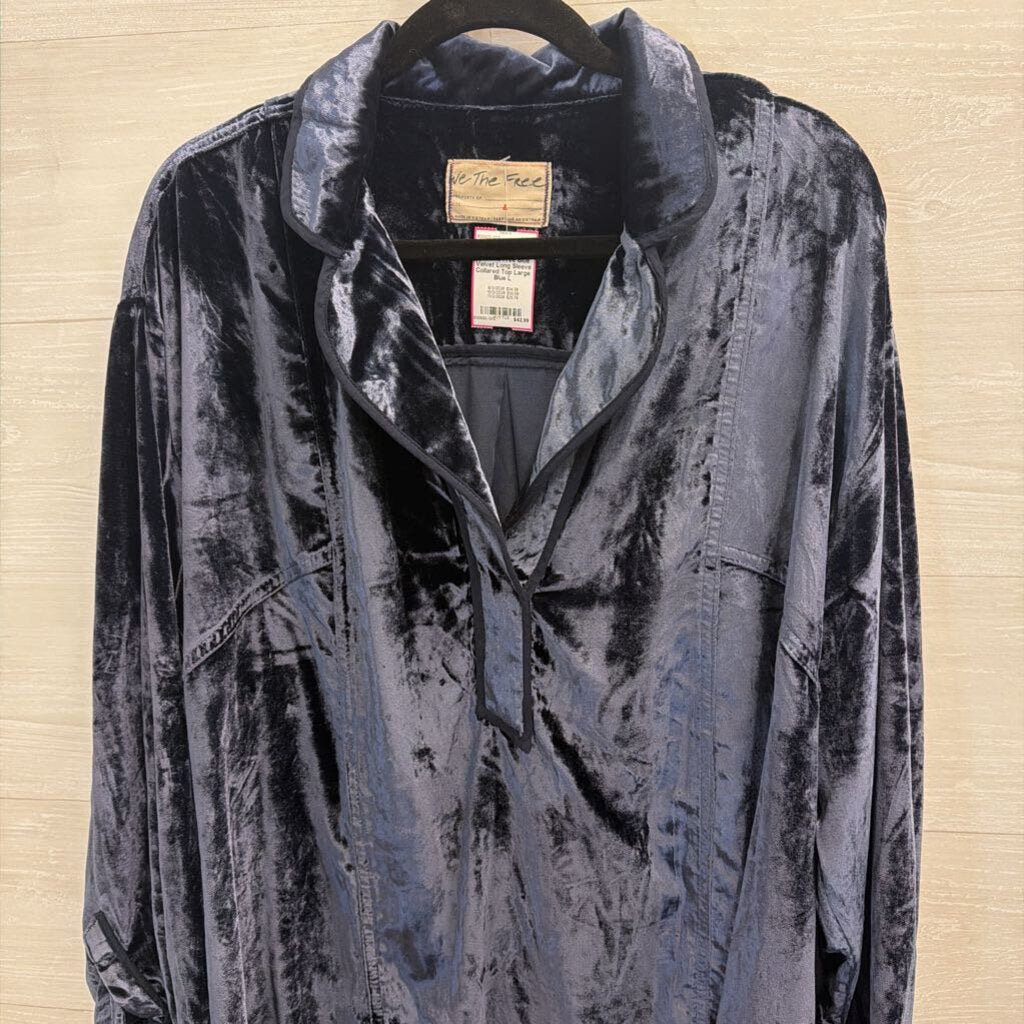We The Free Blue Velvet Long Sleeve Collared Top Large