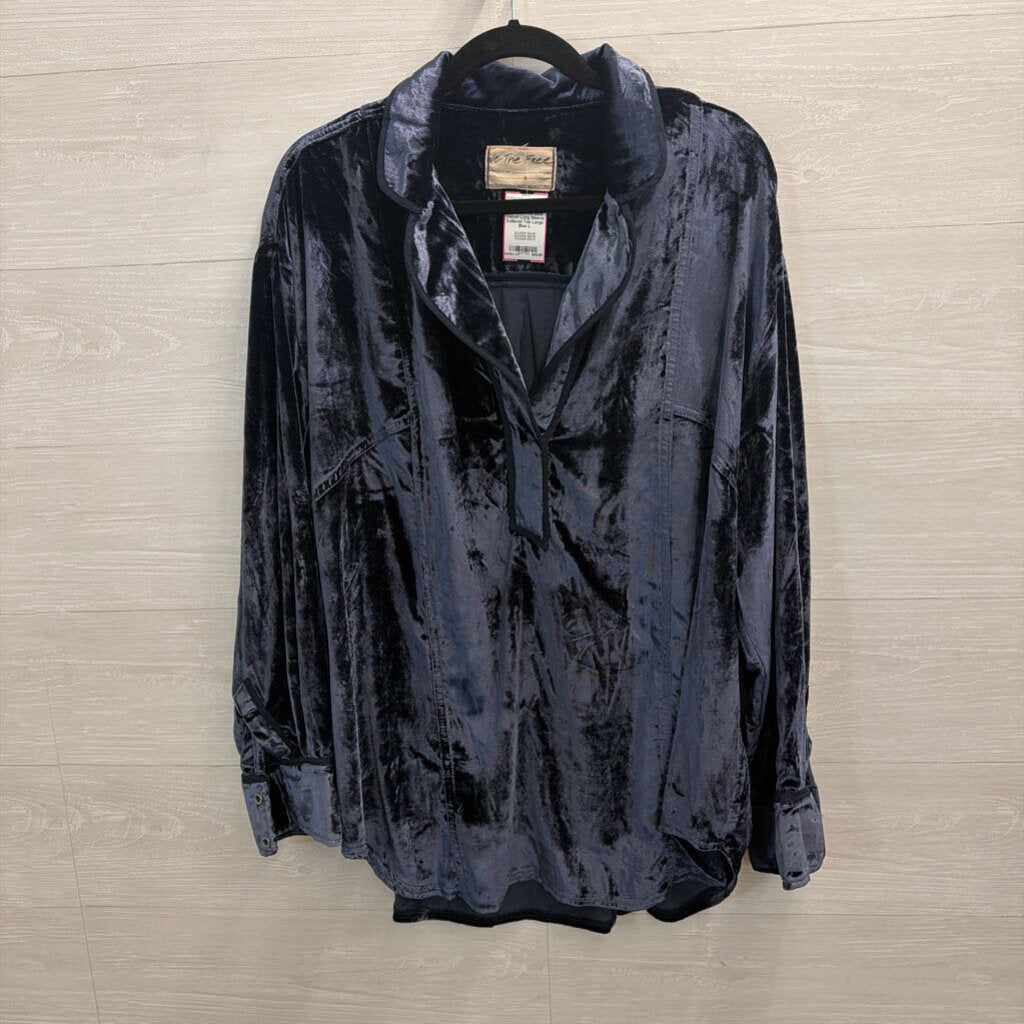 We The Free Blue Velvet Long Sleeve Collared Top Large
