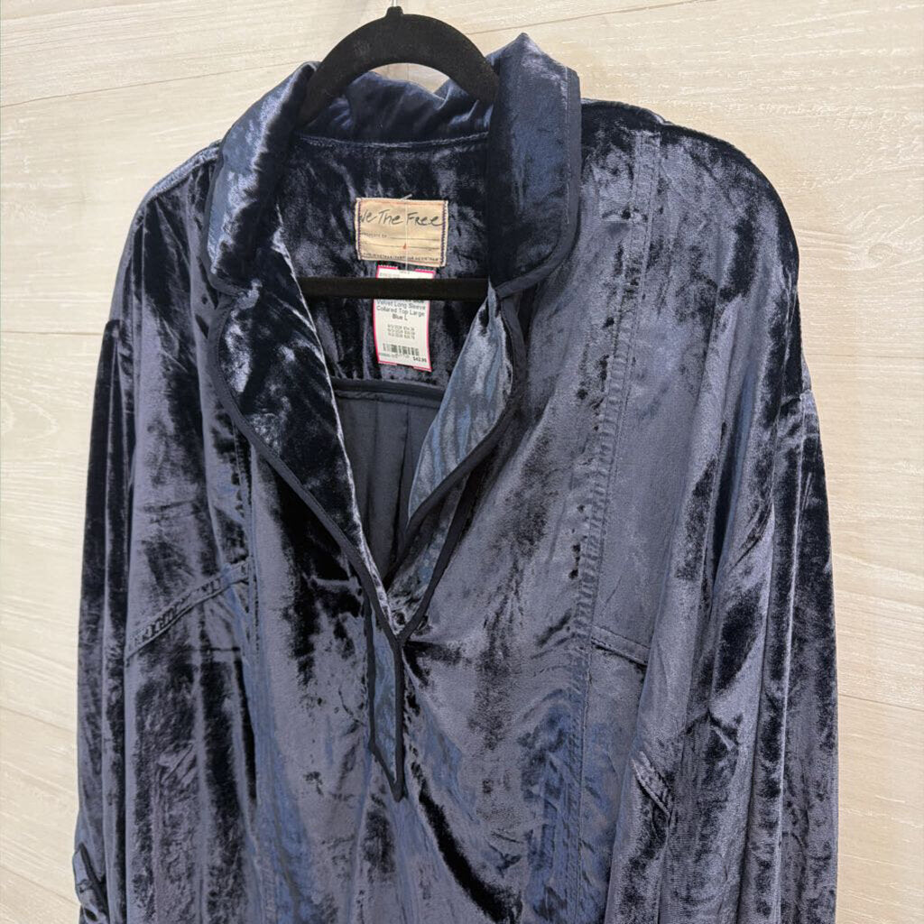 We The Free Blue Velvet Long Sleeve Collared Top Large