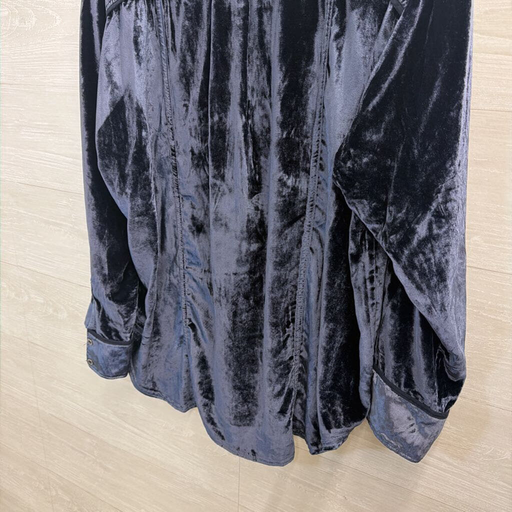 We The Free Blue Velvet Long Sleeve Collared Top Large