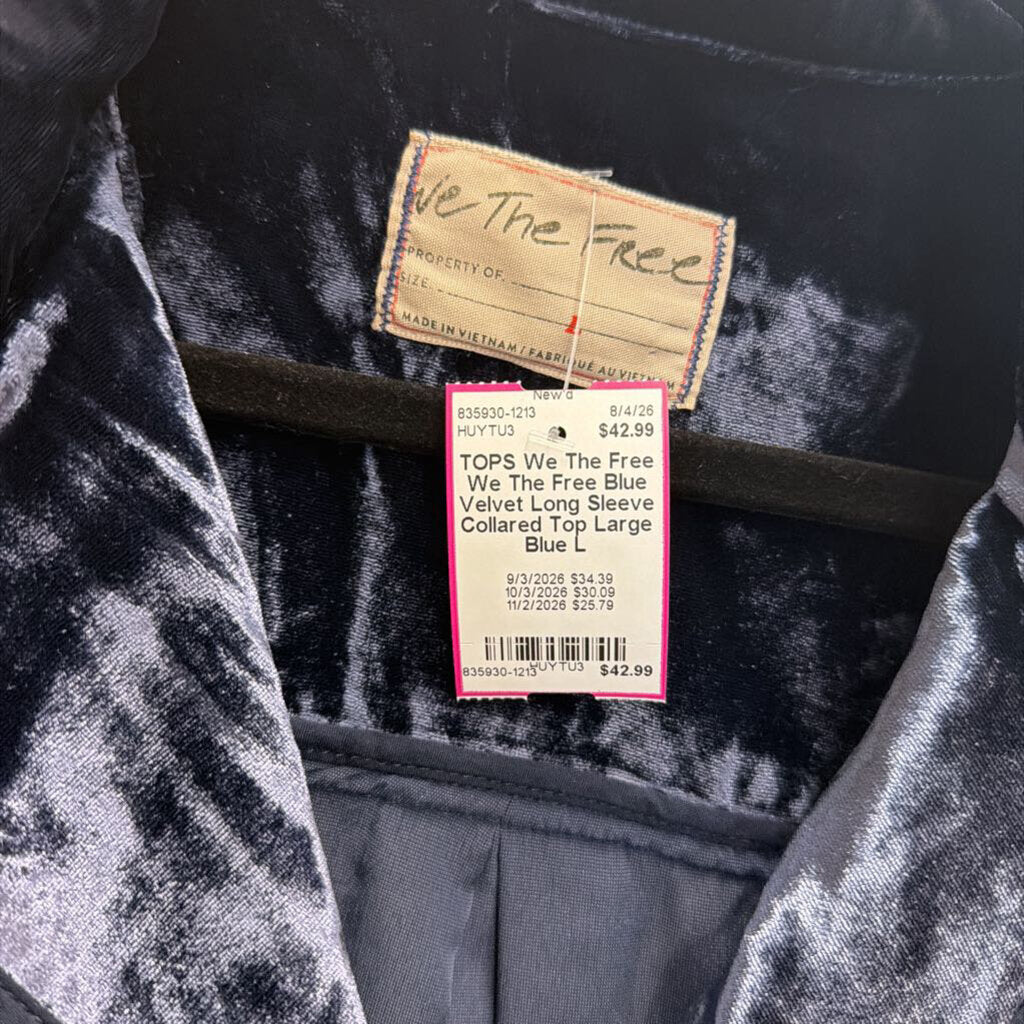 We The Free Blue Velvet Long Sleeve Collared Top Large