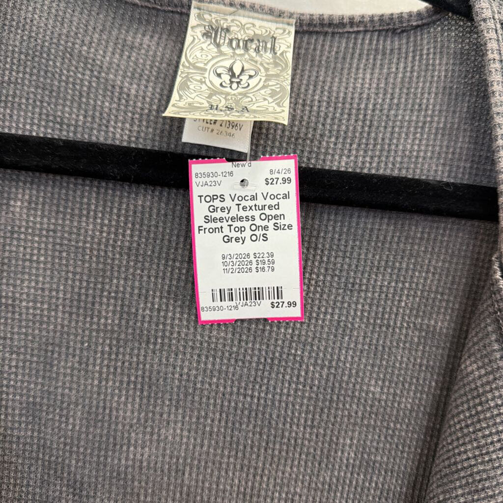 Vocal Grey Textured Sleeveless Open Front Top One Size