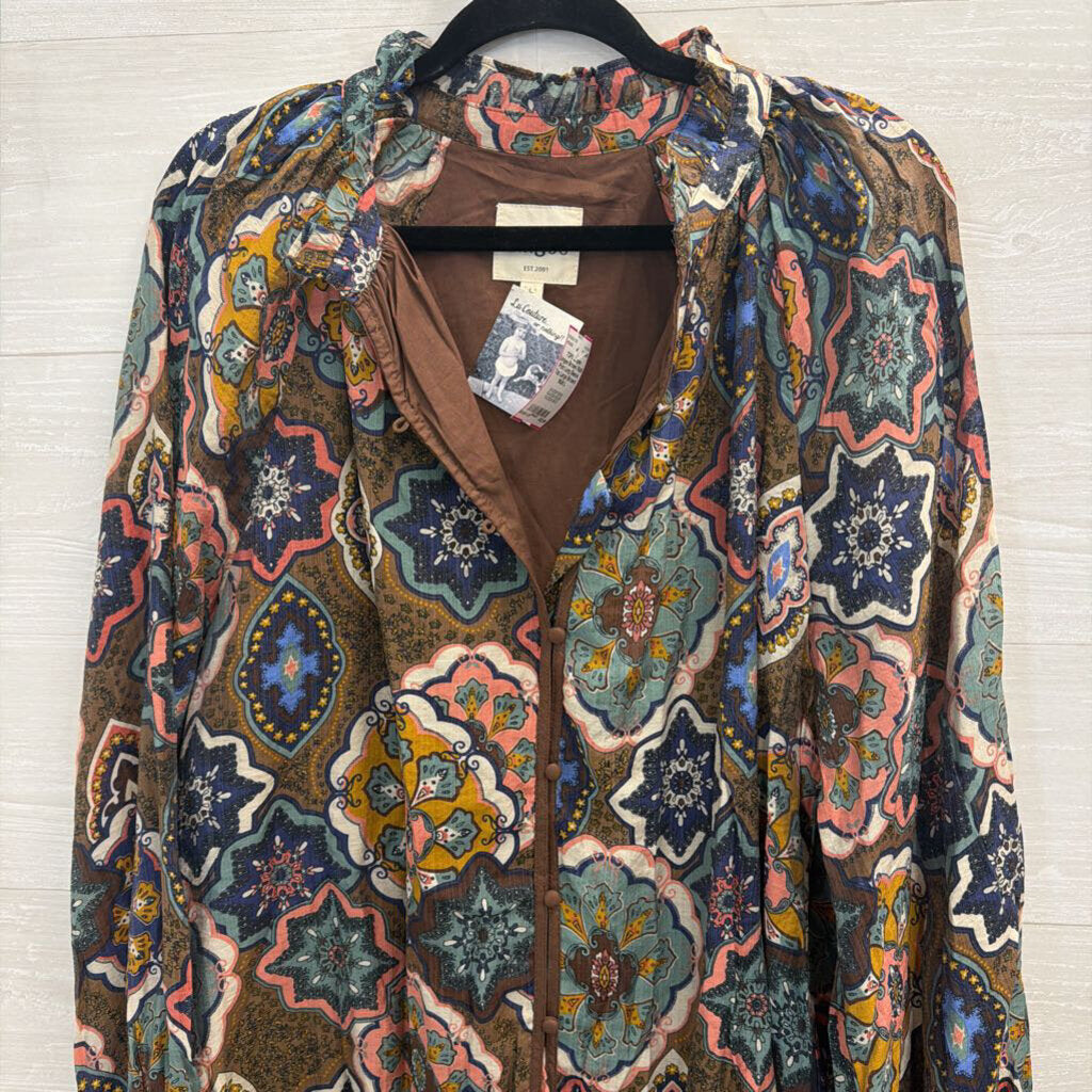 Umgee Brown/ Multi Print Long Sleeve Top Large