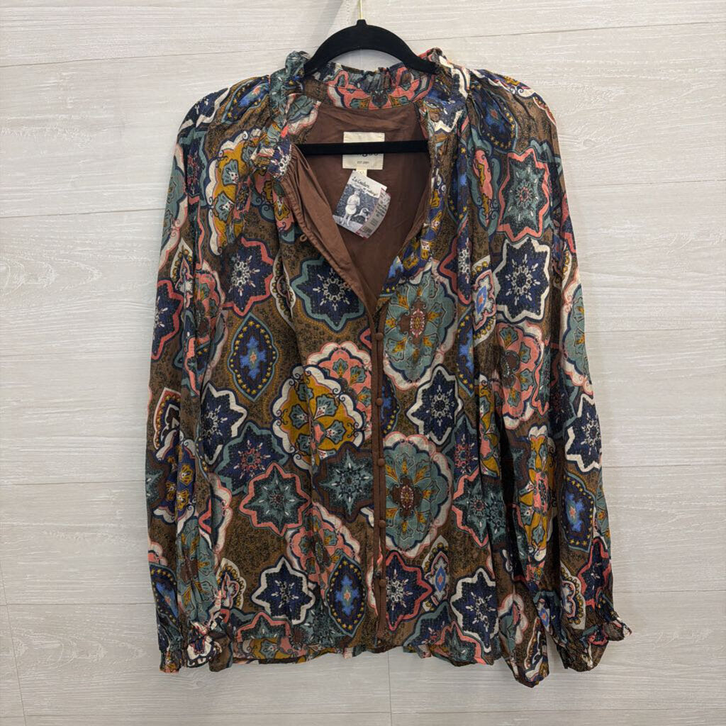 Umgee Brown/ Multi Print Long Sleeve Top Large