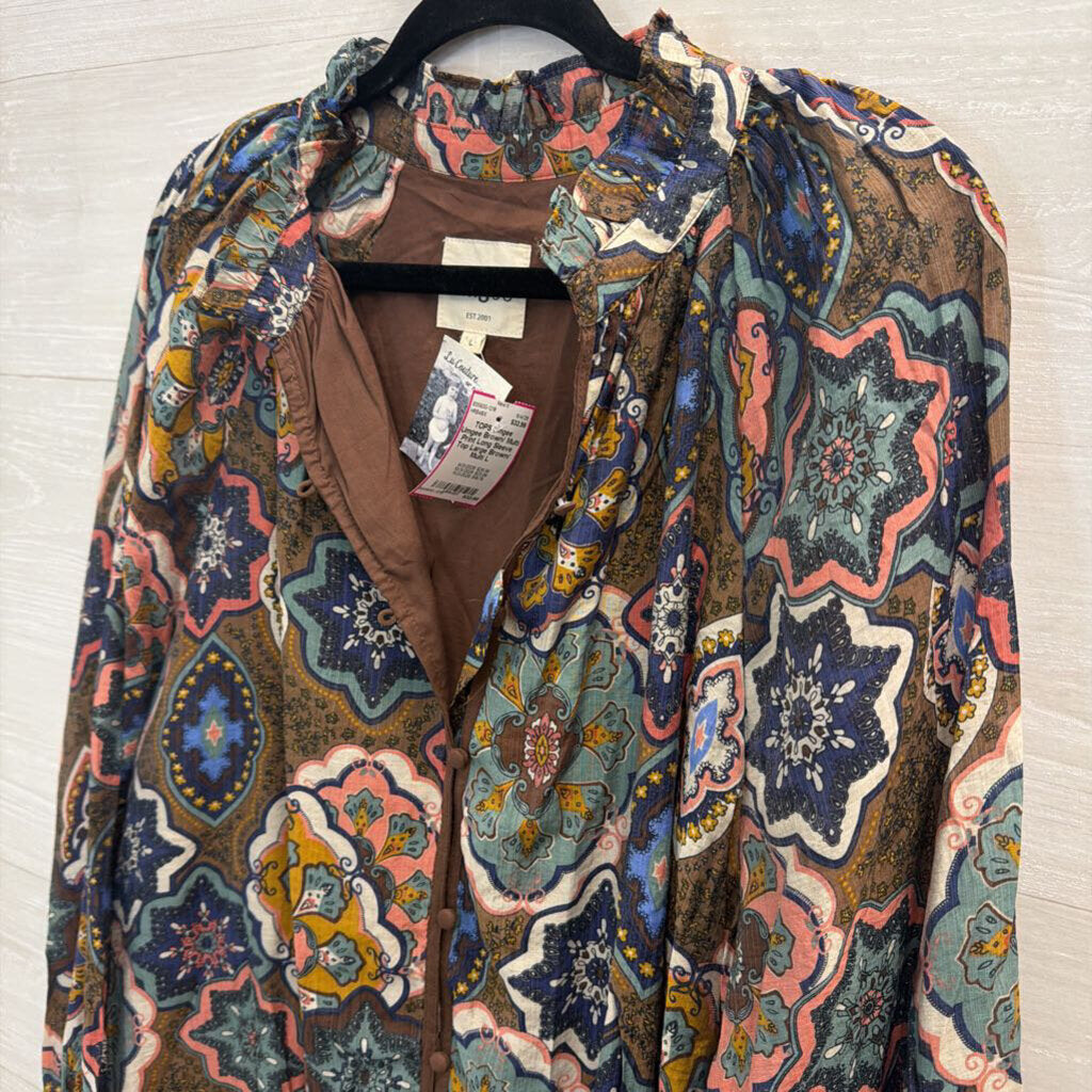 Umgee Brown/ Multi Print Long Sleeve Top Large