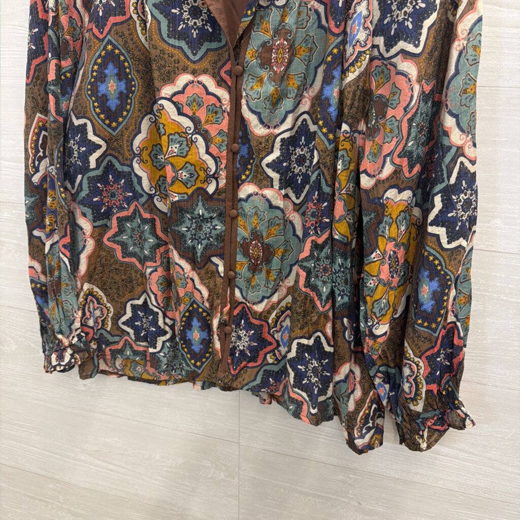 Umgee Brown/ Multi Print Long Sleeve Top Large