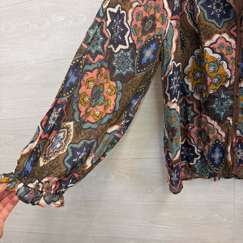 Umgee Brown/ Multi Print Long Sleeve Top Large