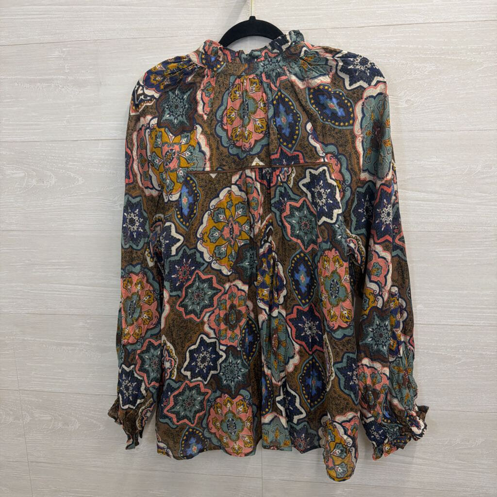Umgee Brown/ Multi Print Long Sleeve Top Large