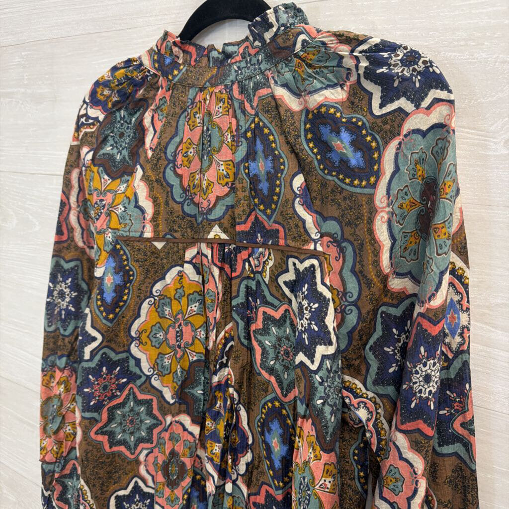 Umgee Brown/ Multi Print Long Sleeve Top Large