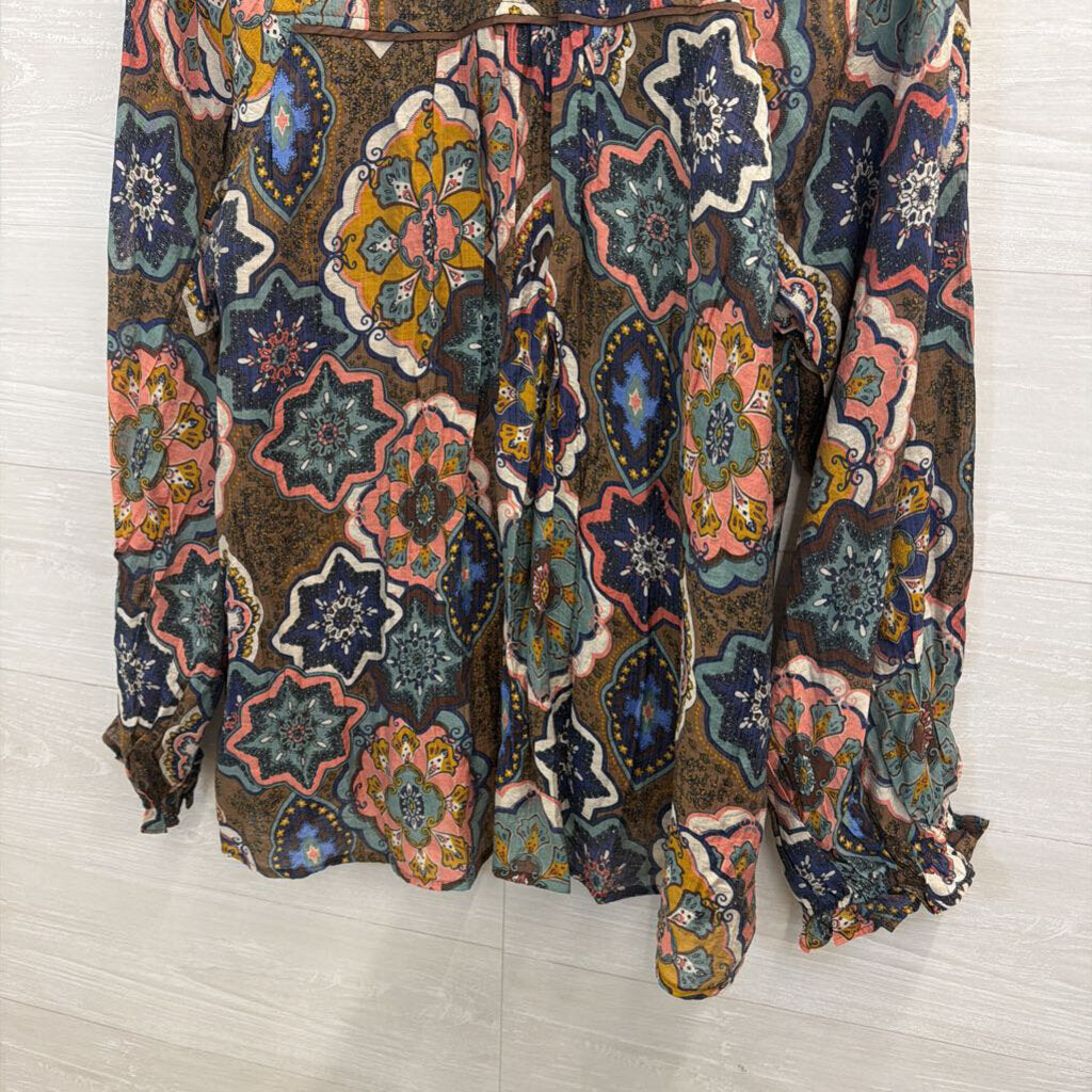 Umgee Brown/ Multi Print Long Sleeve Top Large