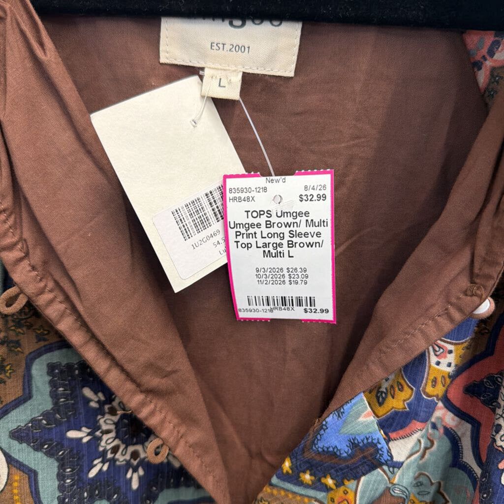 Umgee Brown/ Multi Print Long Sleeve Top Large