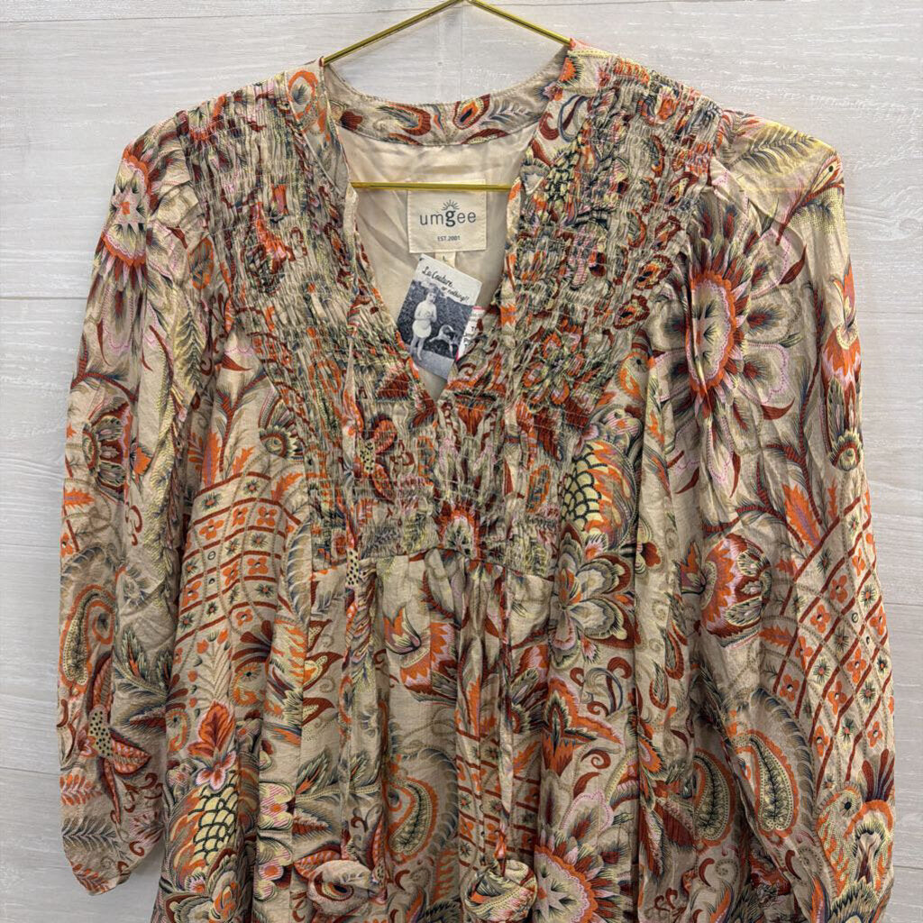 Umgee Beige/ Multi Print Long Sleeve Top Large