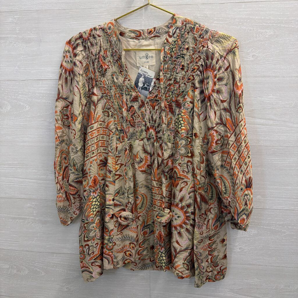 Umgee Beige/ Multi Print Long Sleeve Top Large