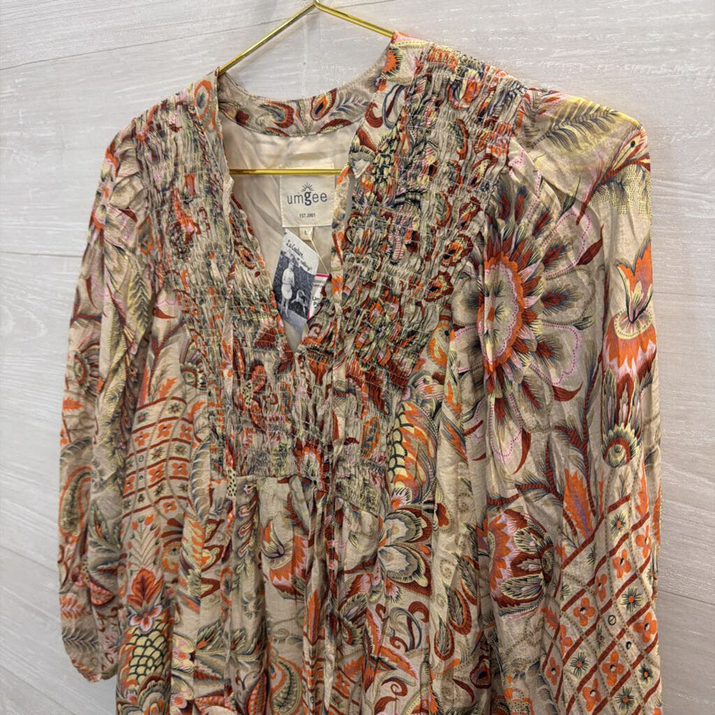 Umgee Beige/ Multi Print Long Sleeve Top Large
