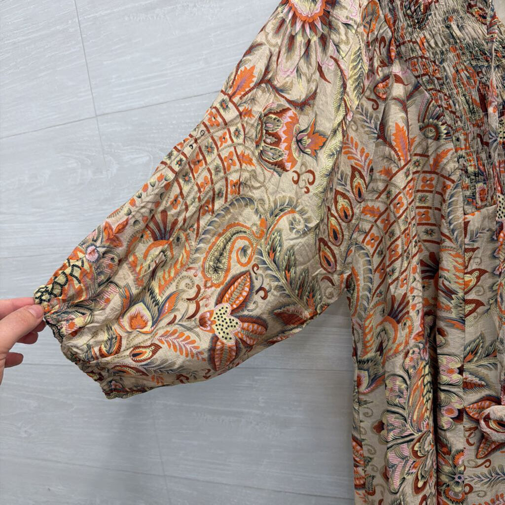 Umgee Beige/ Multi Print Long Sleeve Top Large