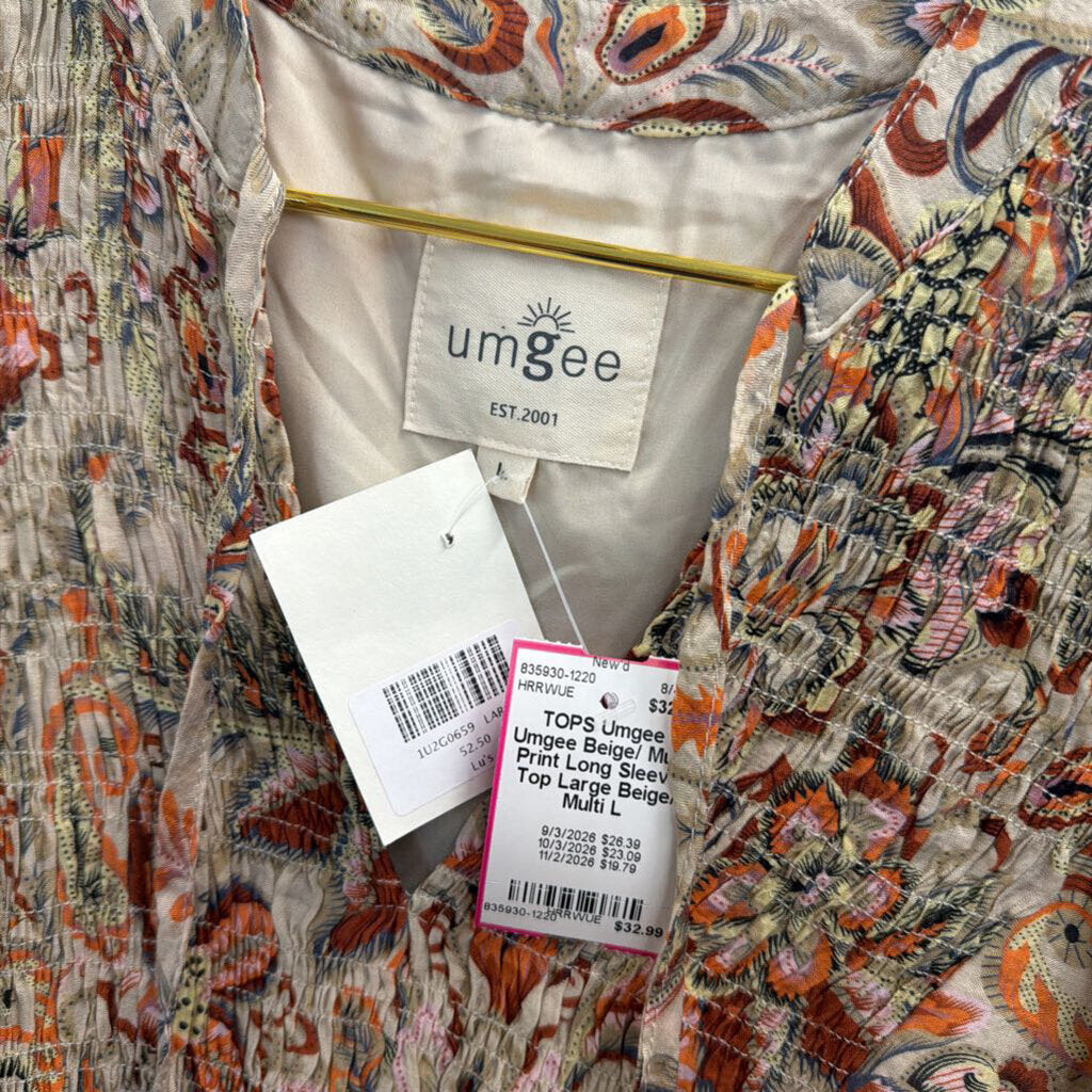 Umgee Beige/ Multi Print Long Sleeve Top Large